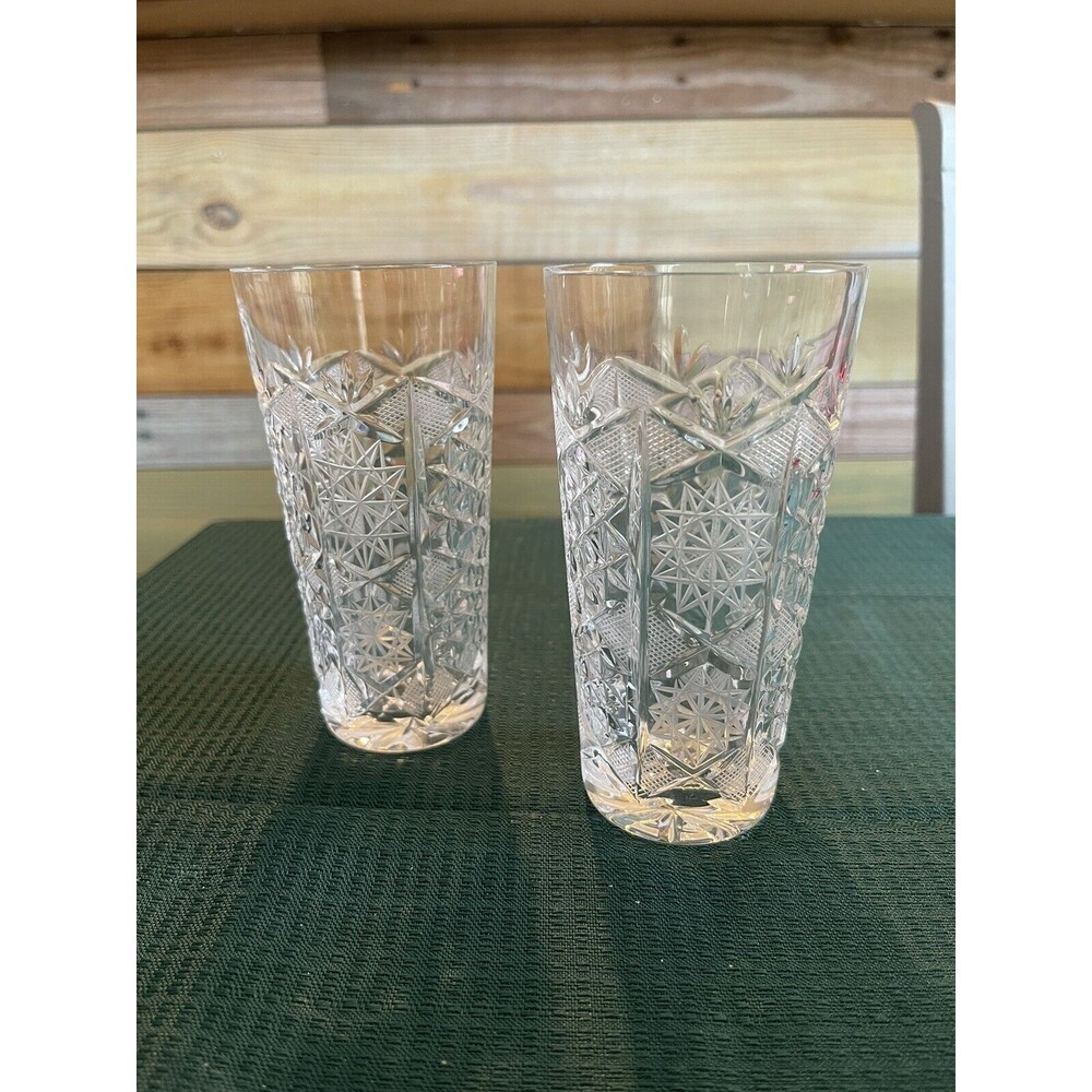 Set Of 2 Crystal Ornate Glass Tumbler Heavy Bottom 5.5” Elegant Very Nice